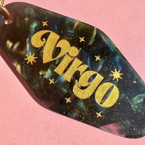 Virgo Horoscope Engraved Gold Glitter Resin Motel Style Gold Keychain - Picture 2 of 5